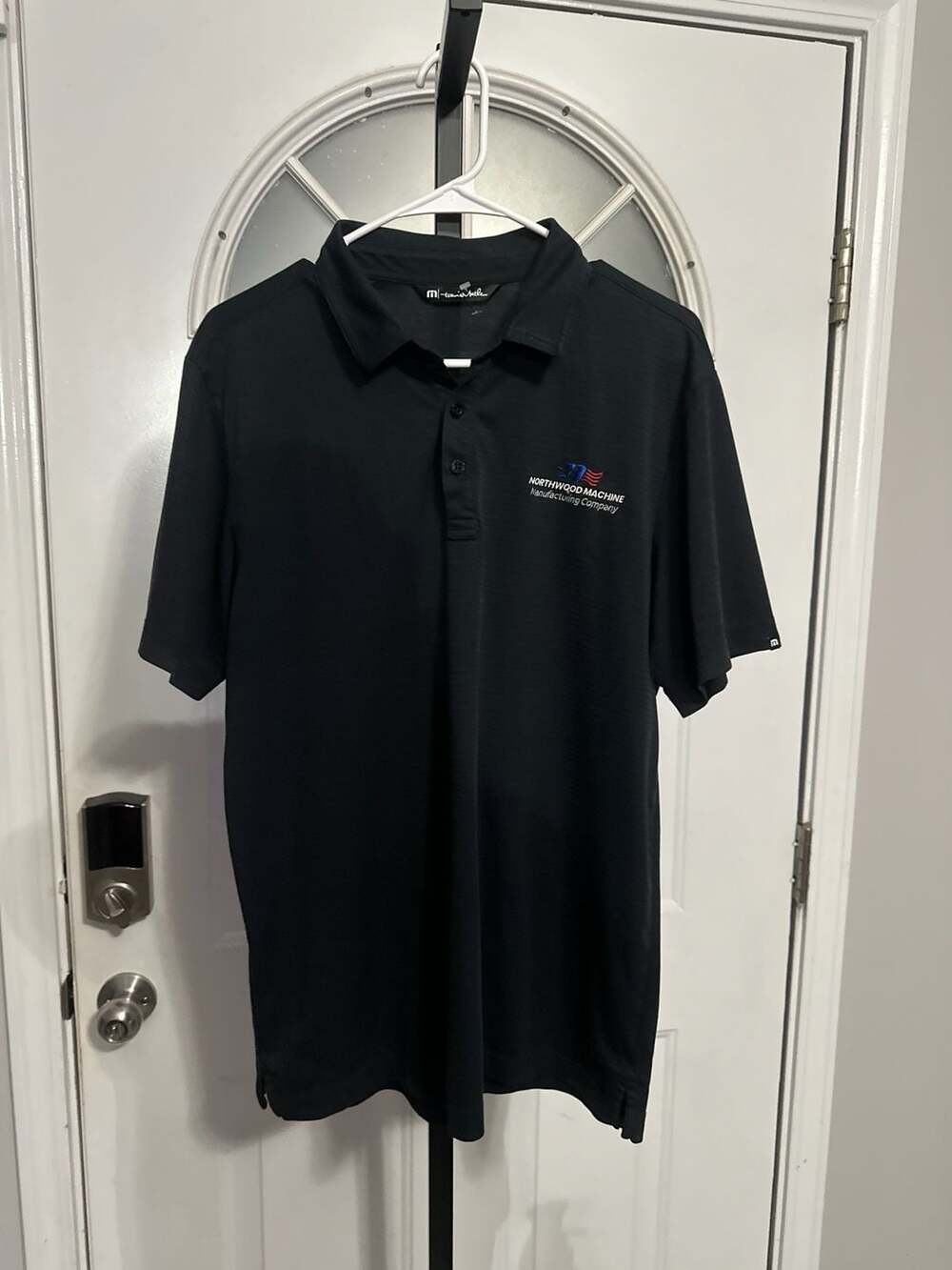 TravisMathew Men's Black Striped Polo Shirt Size L Northwood Machine Logo #392